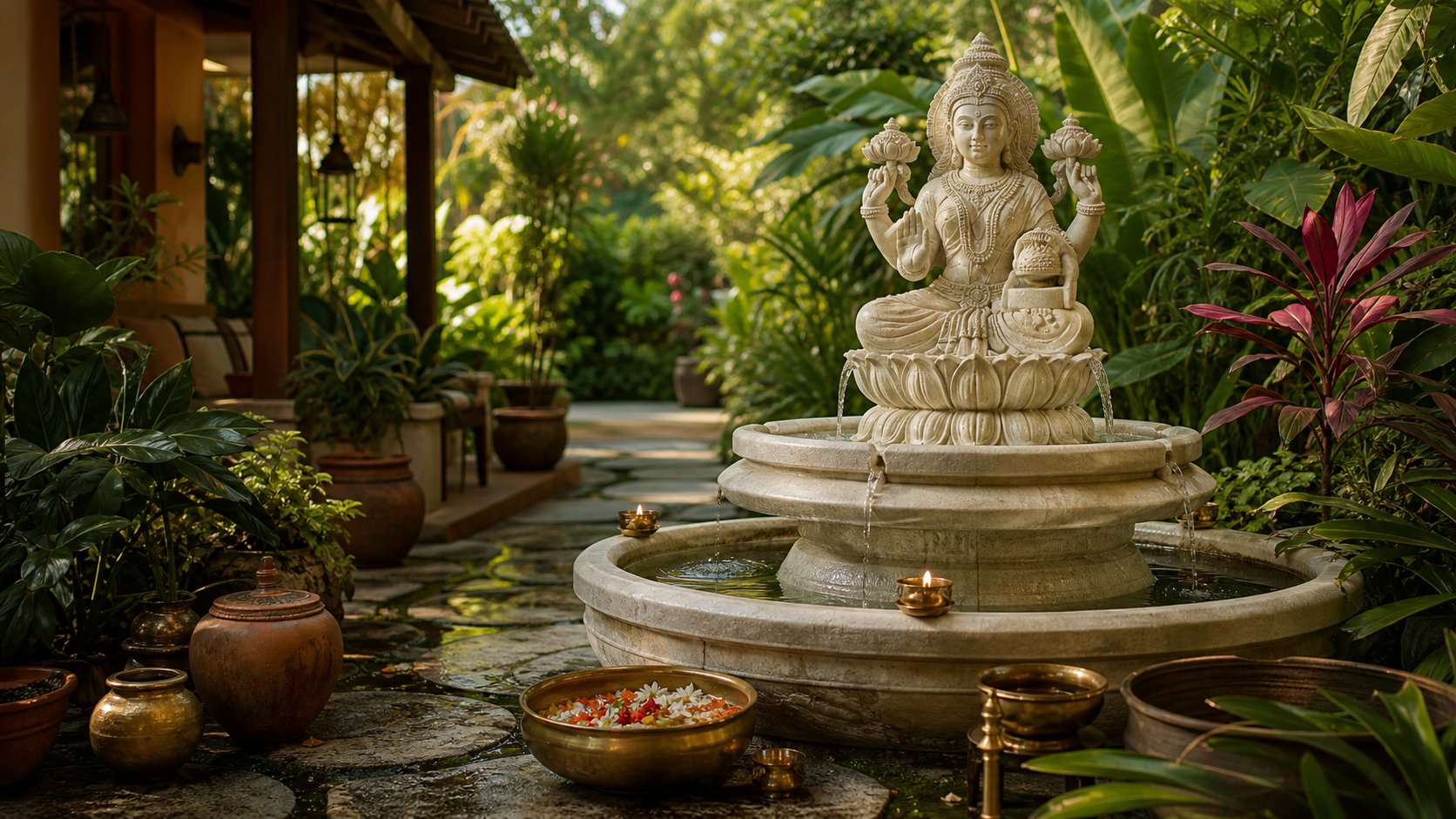 Jardim tropical com fonte de Lakshmi