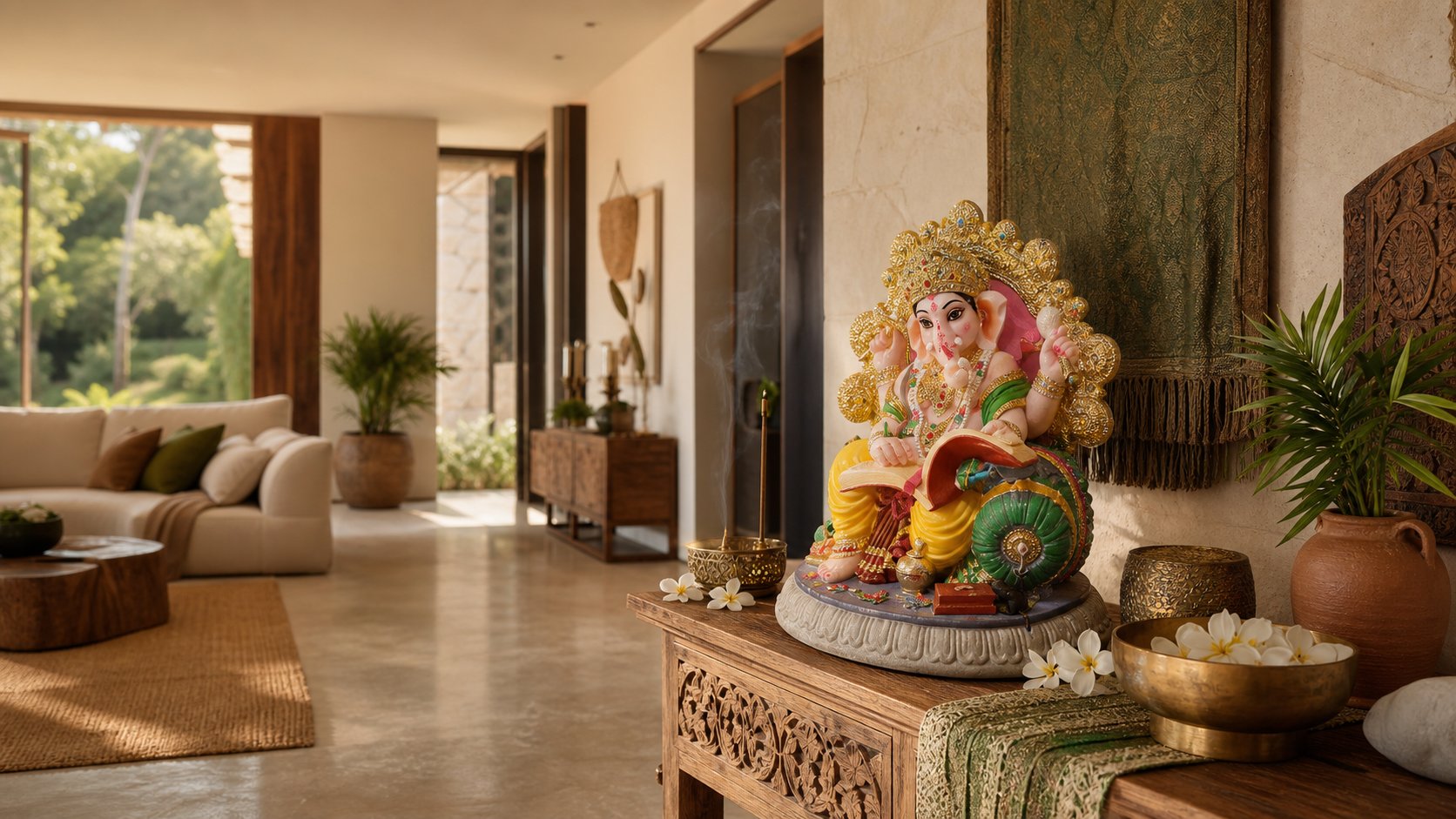 Sala brasileira com Ganesha em composição decorativa