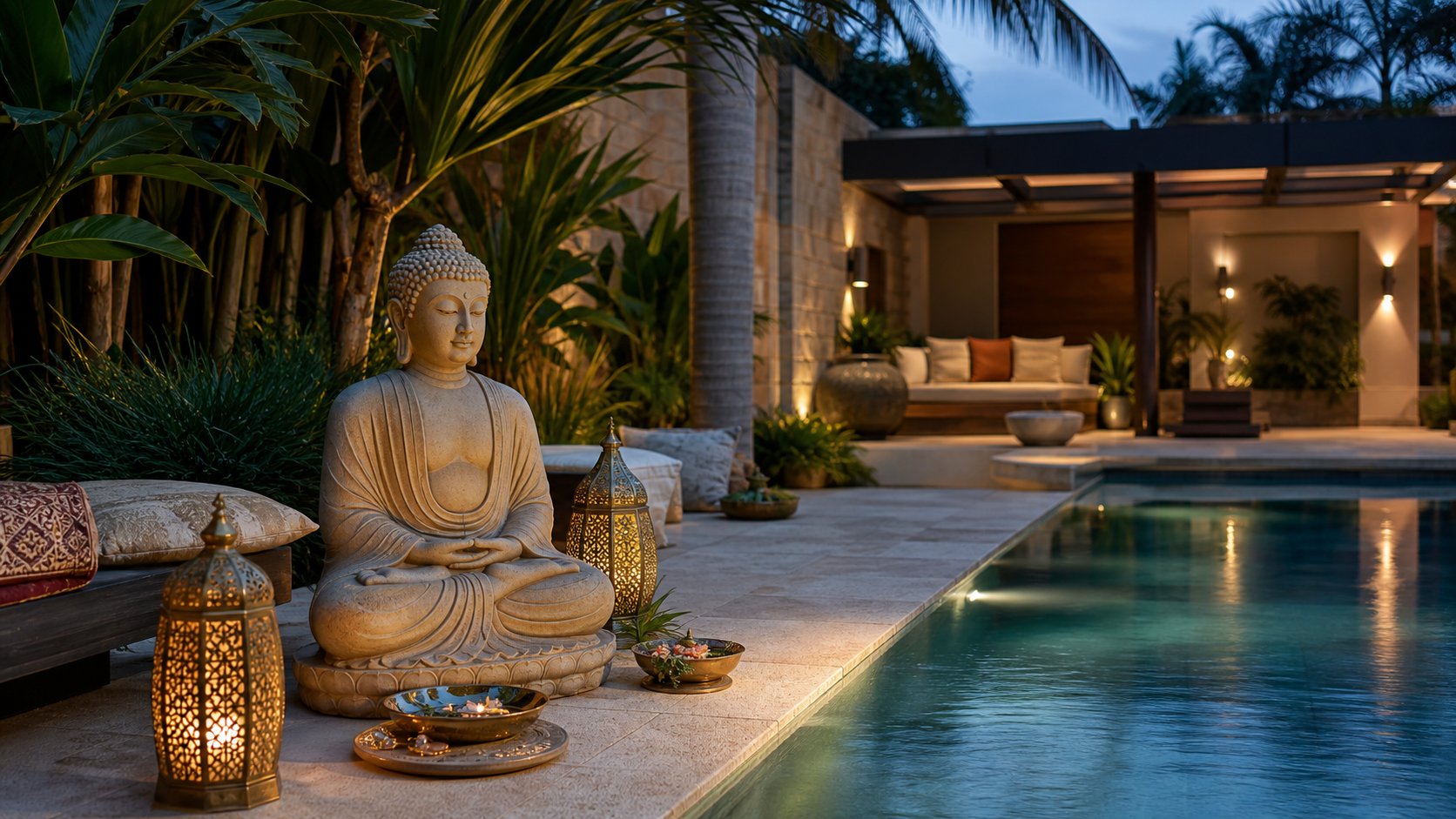 Área de piscina com Buda e lanternas